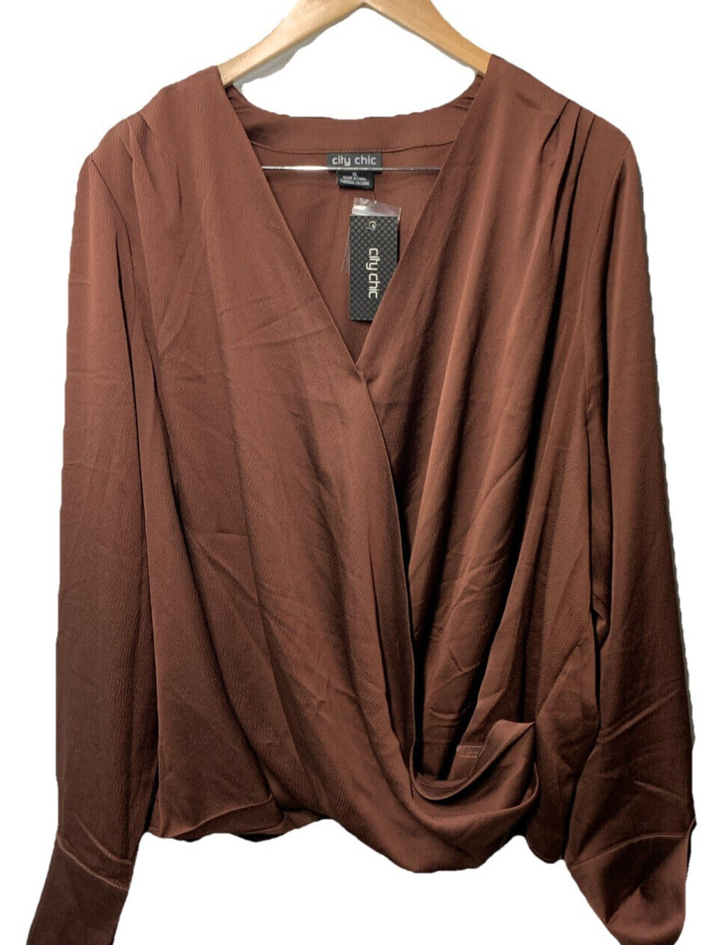 City Chic Alena Shirt Mocha V-neck Long Sleeve Lightweight Elegant 00219805 XL